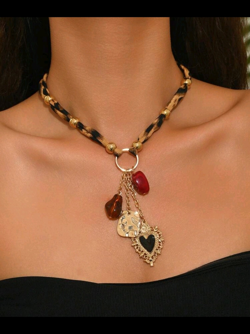 Gold-Tone Leopard Rope Necklace with Red & Black Charms